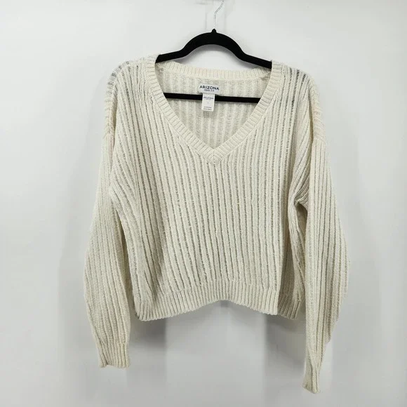 Arizona Jean Co Women's Knit Sweater White V Neck Long Sleeve Cropped Size L - Picture 1 of 5